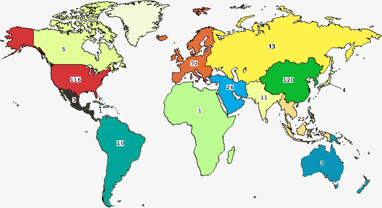 世界MSC臨床試驗的地理分布。世界地圖來(lái)自 clinicaltrials.gov