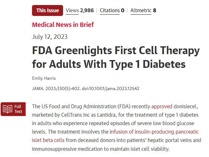 FDA批準首個(gè)針對成人1型糖尿病的細胞療法 FDA批準首個(gè)針對成人1型糖尿病的細胞療法