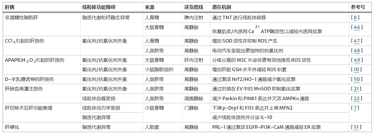 表1：間充質(zhì)干細胞在肝病中線(xiàn)粒體功能障礙調節的總結