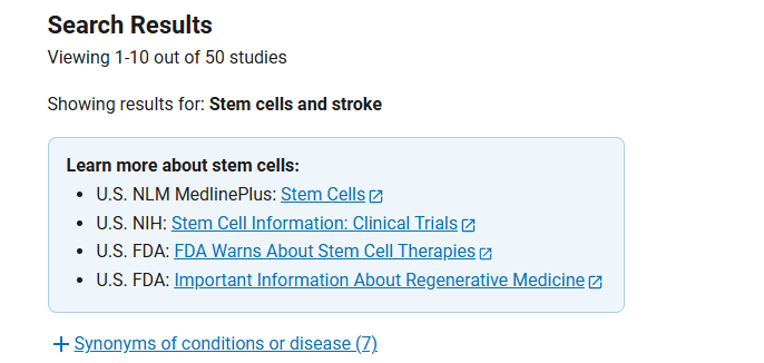 clinicaltrials.gov網(wǎng)站上注冊的有關(guān)干細胞治療中風(fēng)臨床研究項目有50項