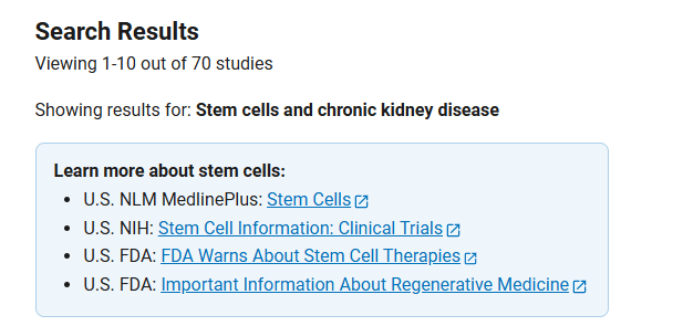 clinicaltrials.gov網(wǎng)站上注冊的有關(guān)干細胞治療慢性腎病臨床研究項目有70項