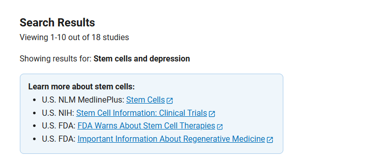 clinicaltrials.gov網(wǎng)站上注冊的有關(guān)干細胞治療抑郁癥的臨床研究項目有18項 