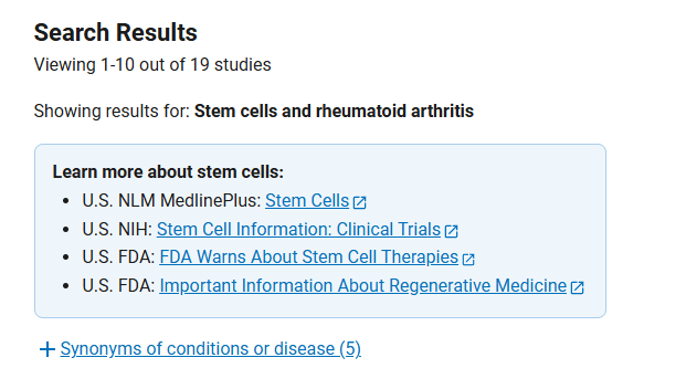 clinicaltrials.gov網(wǎng)站上注冊的有關(guān)干細胞治療類(lèi)風(fēng)濕關(guān)節炎的臨床研究項目有19項 