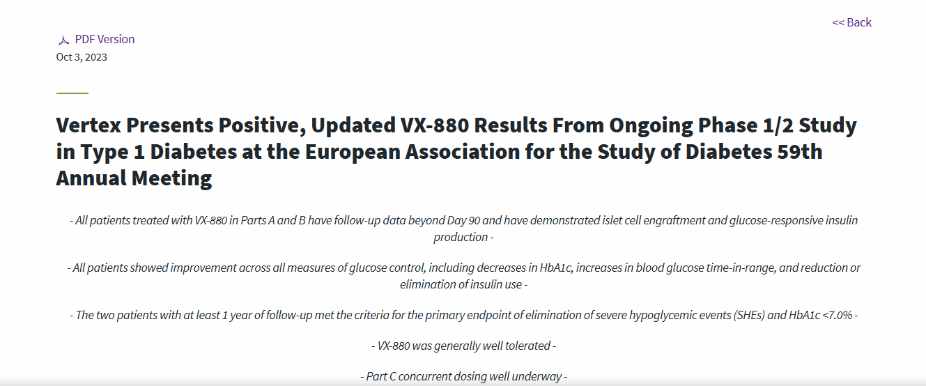 波士頓(BUSINESS WIRE)2023 年 10 月 3 日--?Vertex 制藥公司公布了 VX-880 1/2 期臨床試驗 A 和 B 部分患者的長(cháng)期數據。
